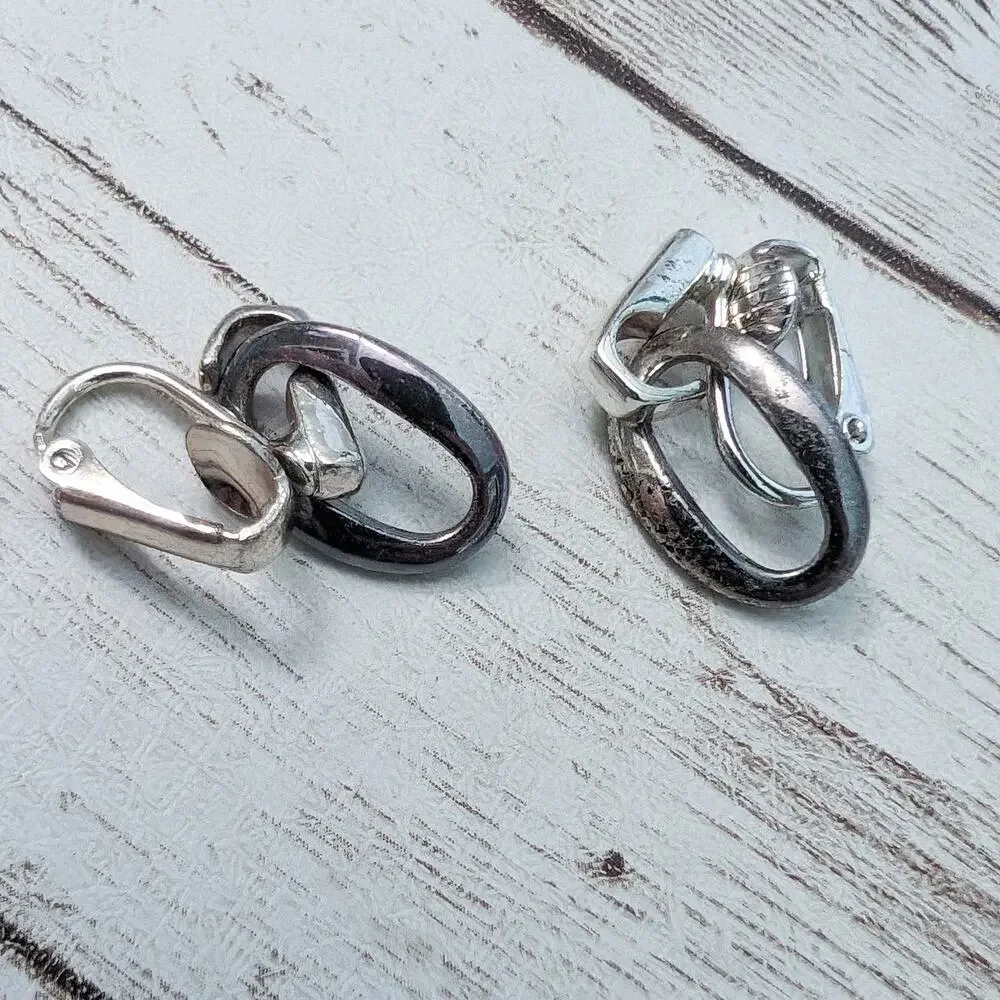 Vintage Clip On Earrings Dark Metallic Oval Dangle